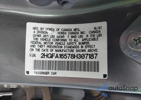 2008 Honda Civic Lx z USA, uszkodzony, nr VIN 2HGFA16578H307187